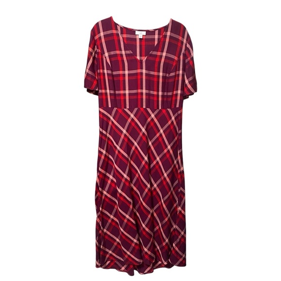 J Jill Burgundy Red Plaid V-Neck Midi Dress 90s Retro Style Size Medium - Picture 2 of 6